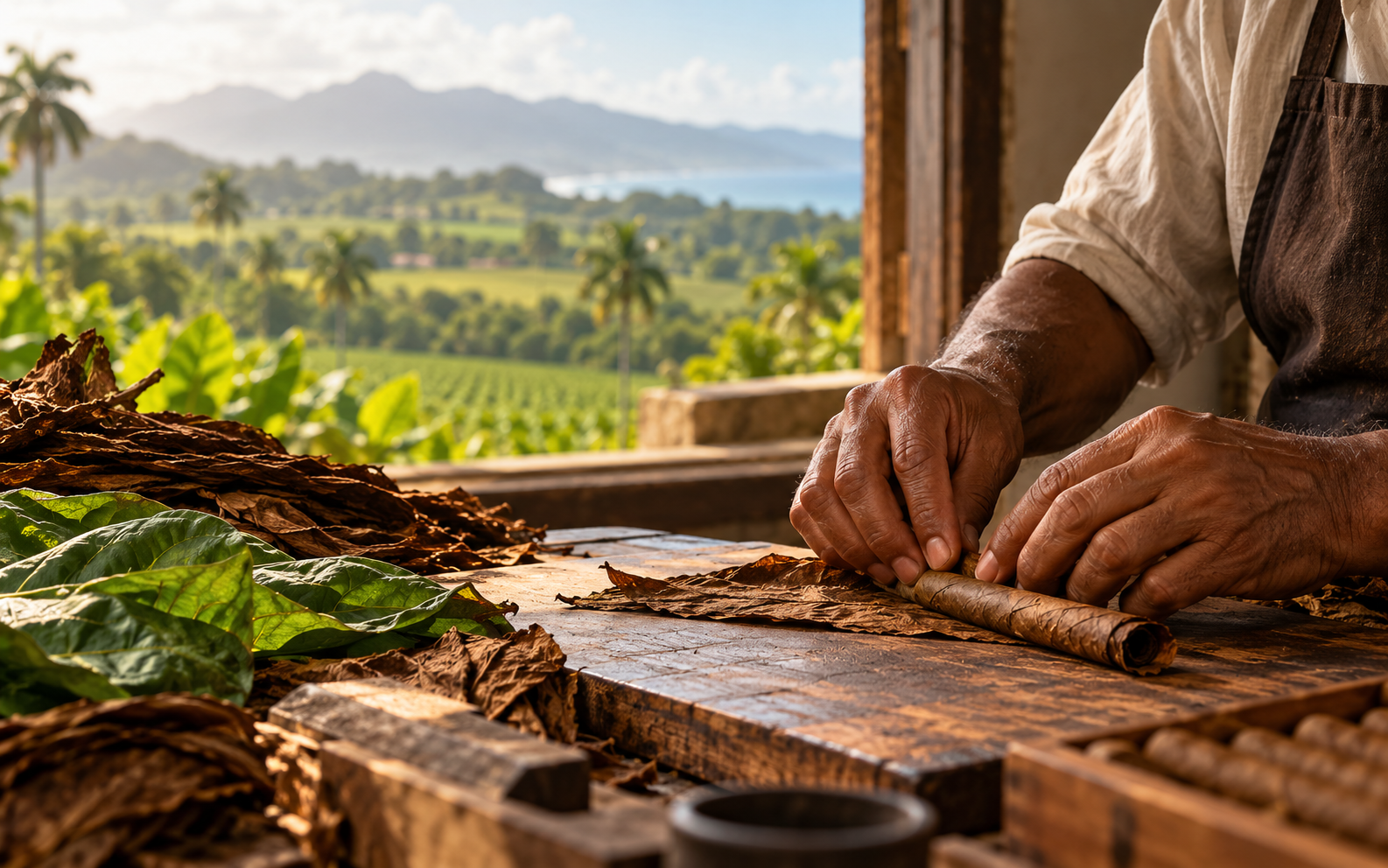 Torcedor hand-rolling a cigar with Dominican Republic tobacco fields in the background